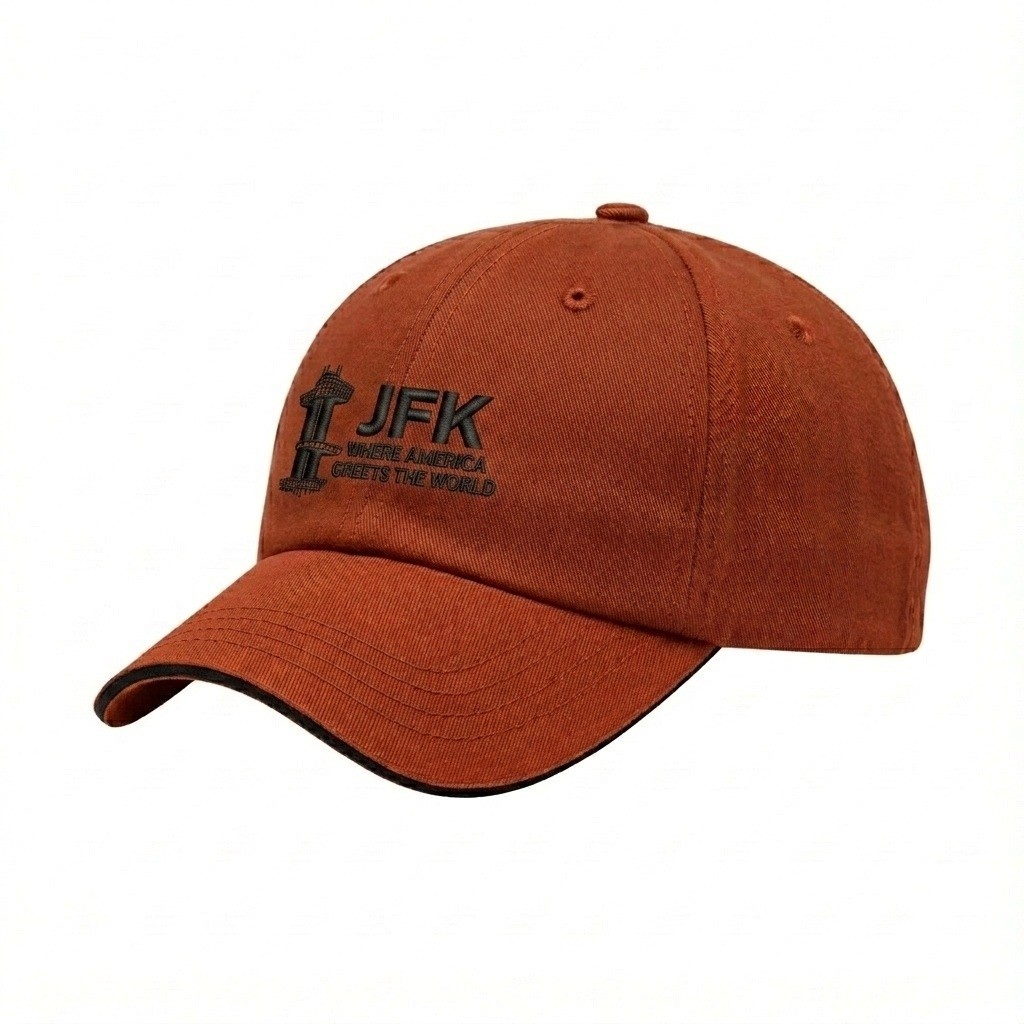 USA-made 6U Orange-Black Polycotton Twill baseball cap, decorated view, manufactured in Newark NJ