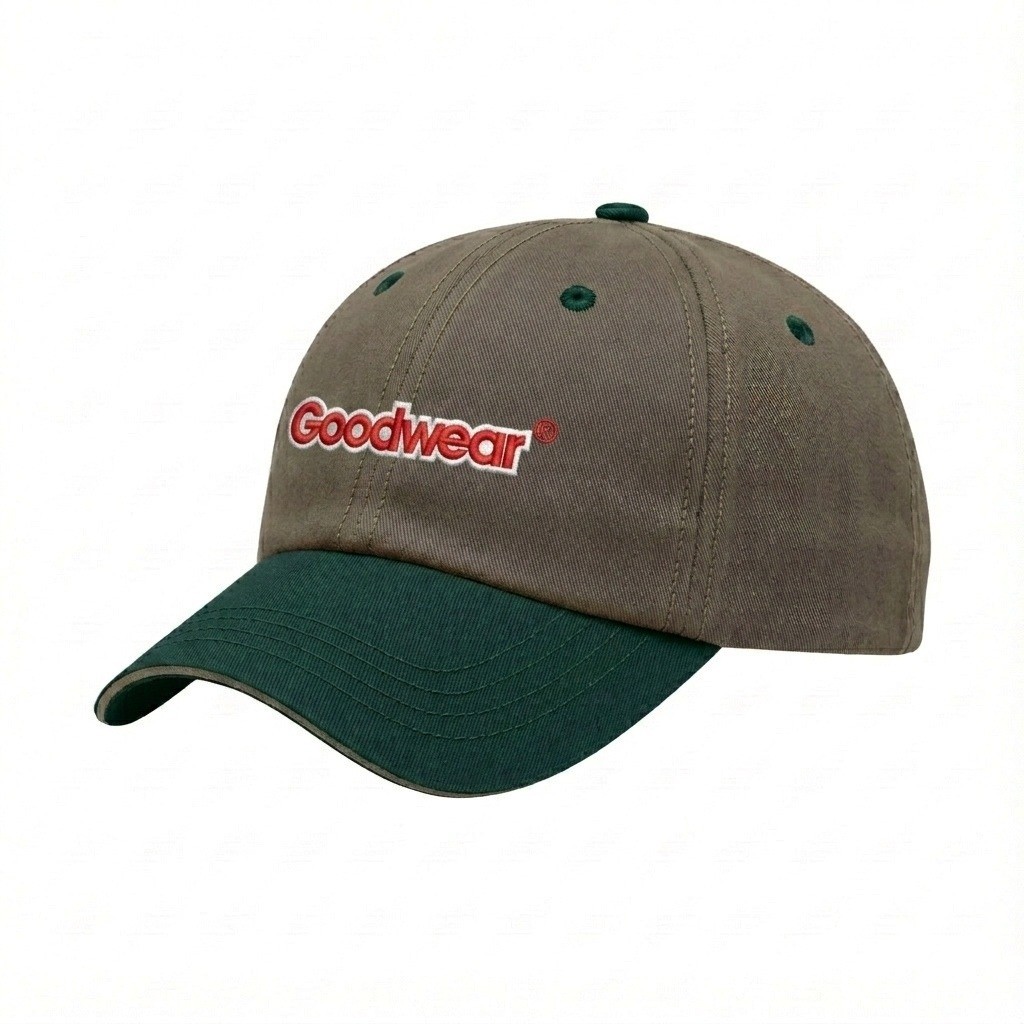 USA-made 6U Khaki-Hunter Green Polycotton Twill baseball cap, decorated view, manufactured in Newark NJ