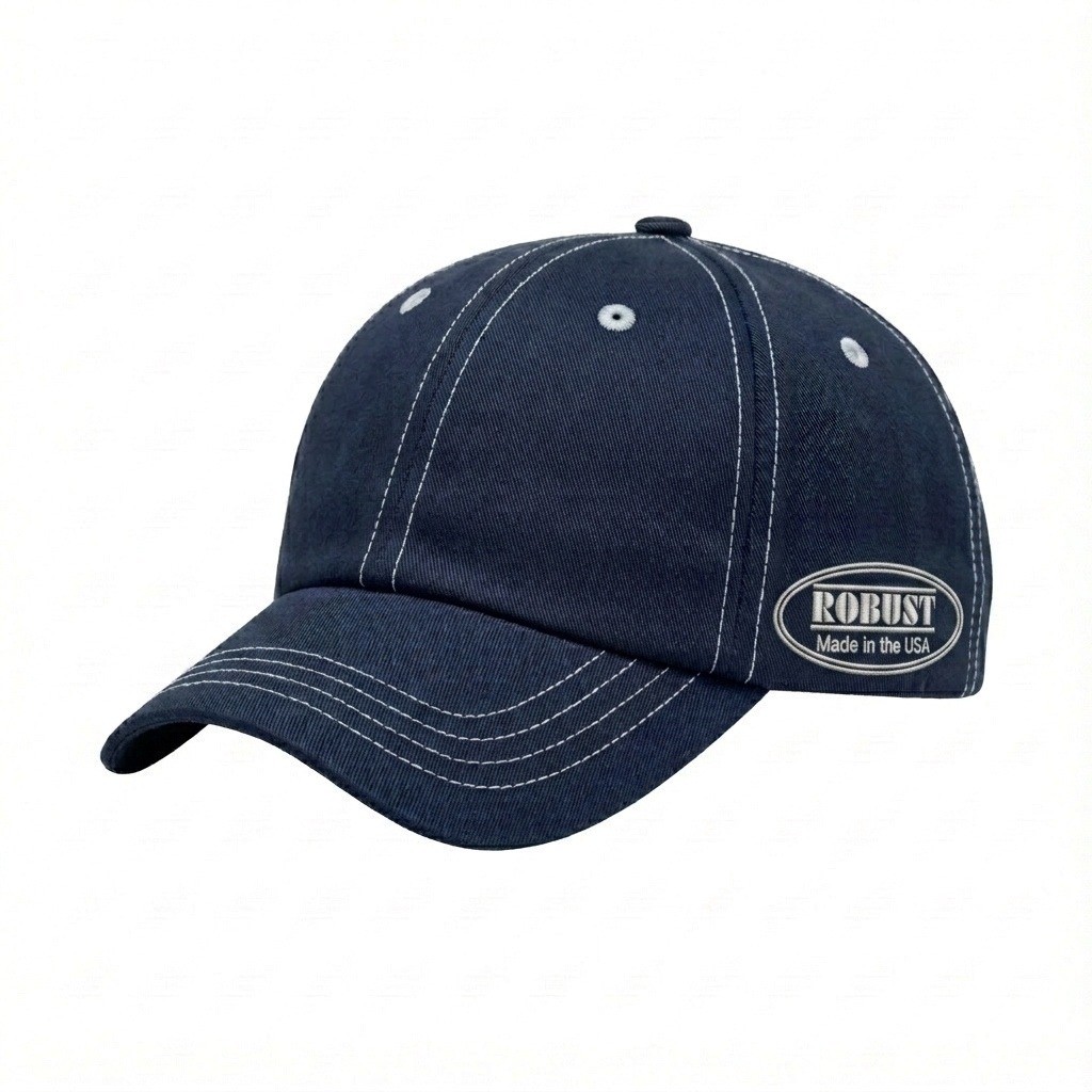 USA-made 6U Navy-White Polycotton Twill baseball cap, decorated view, manufactured in Newark NJ