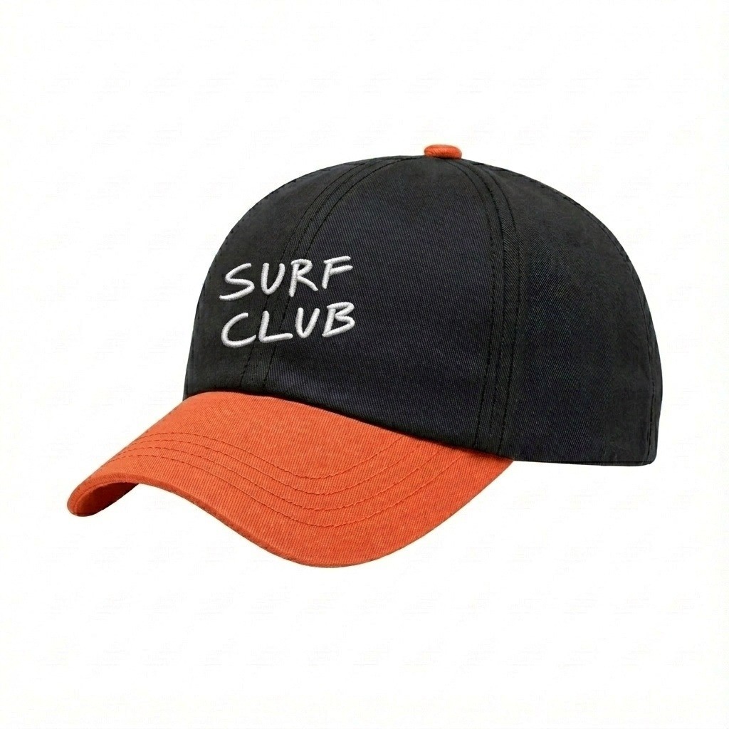 USA-made 6U Black-Blaze Orange Polycotton Twill baseball cap, decorated view, manufactured in Newark NJ