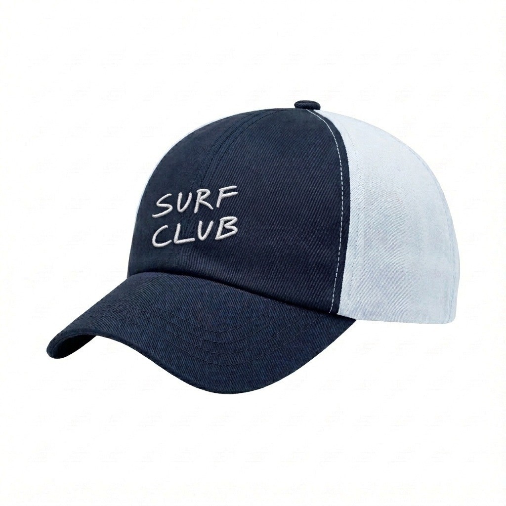 USA-made 6U Navy-White Polycotton Twill baseball cap, decorated view, manufactured in Newark NJ