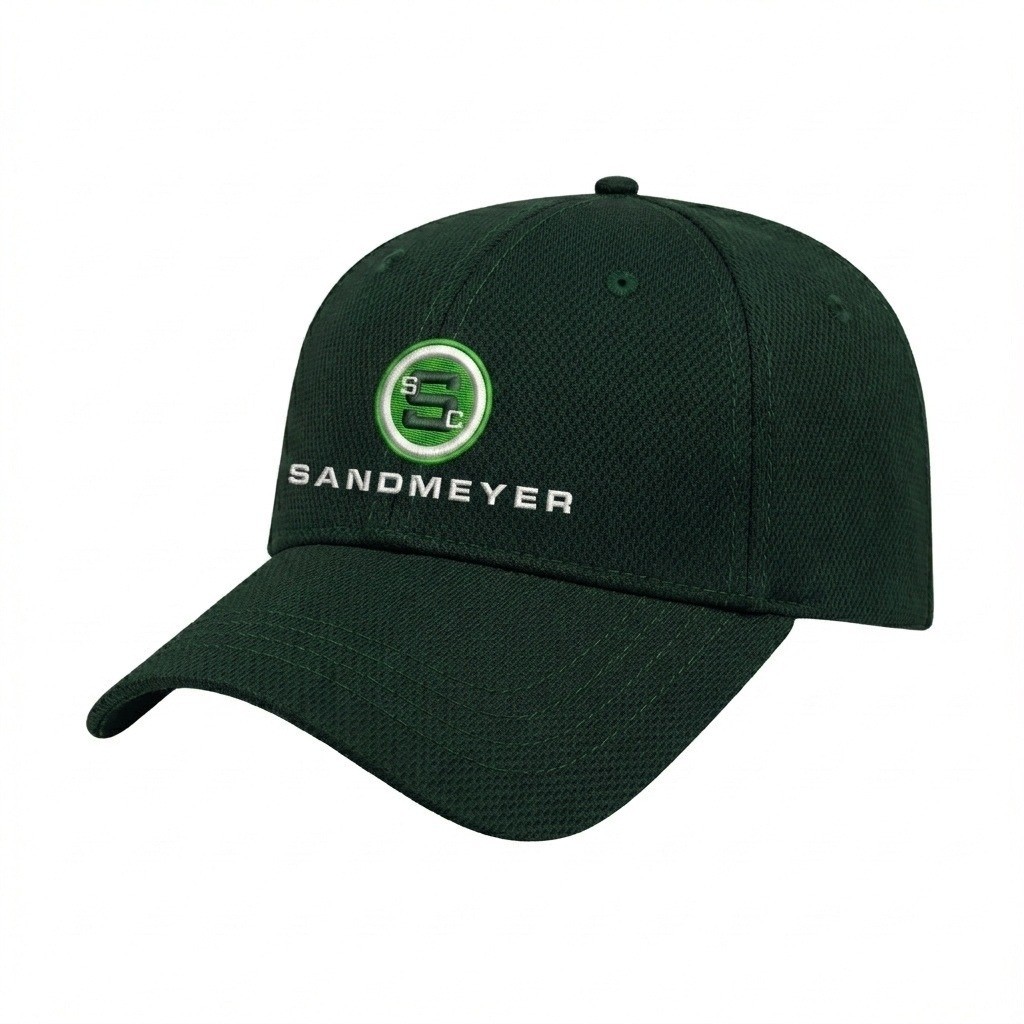 USA-made 6L Hunter Green Diamond Pro baseball cap, decorated view, manufactured in Newark NJ