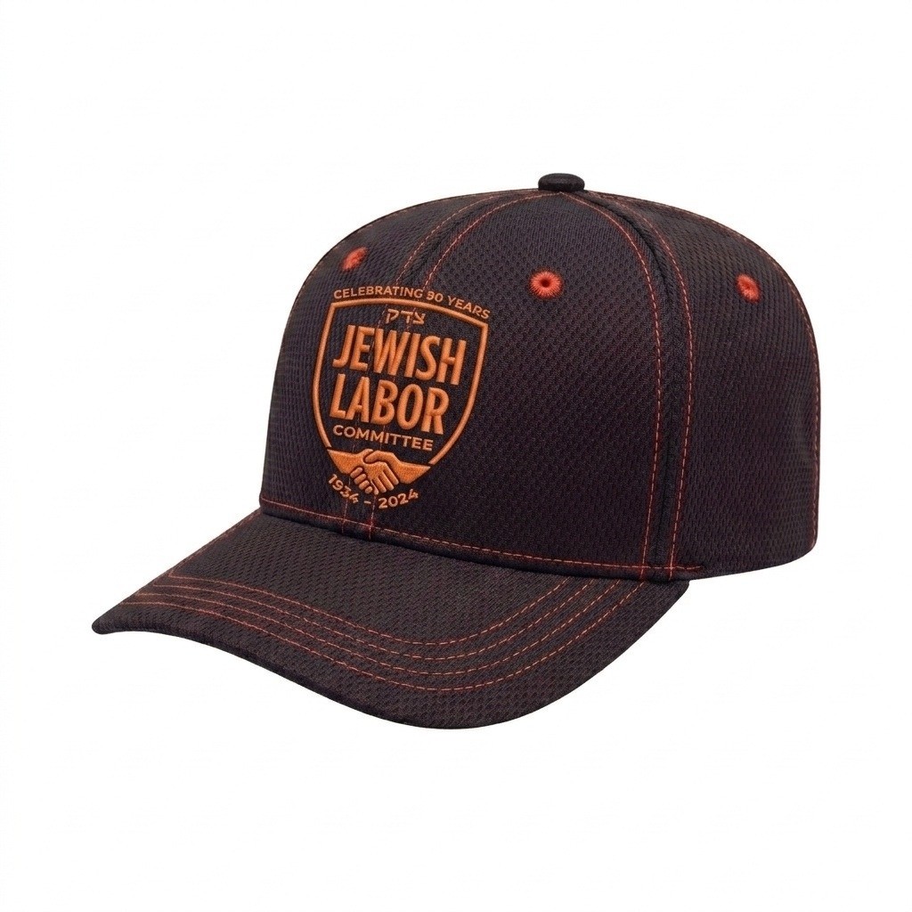 USA-made 6S Navy-Orange Diamond Pro baseball cap, decorated view, manufactured in Newark NJ