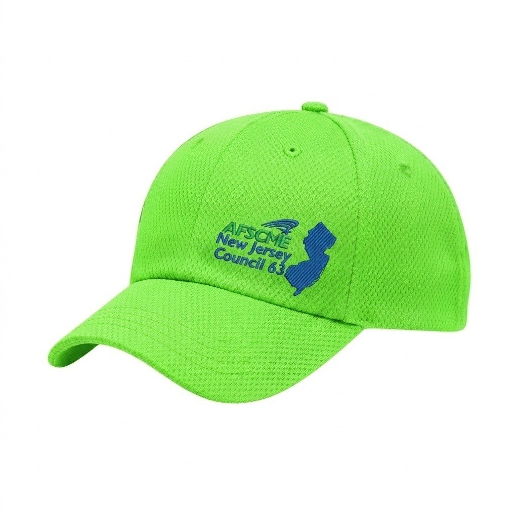 USA-made 6U Safety Green Diamond Pro baseball cap, decorated view, manufactured in Newark NJ