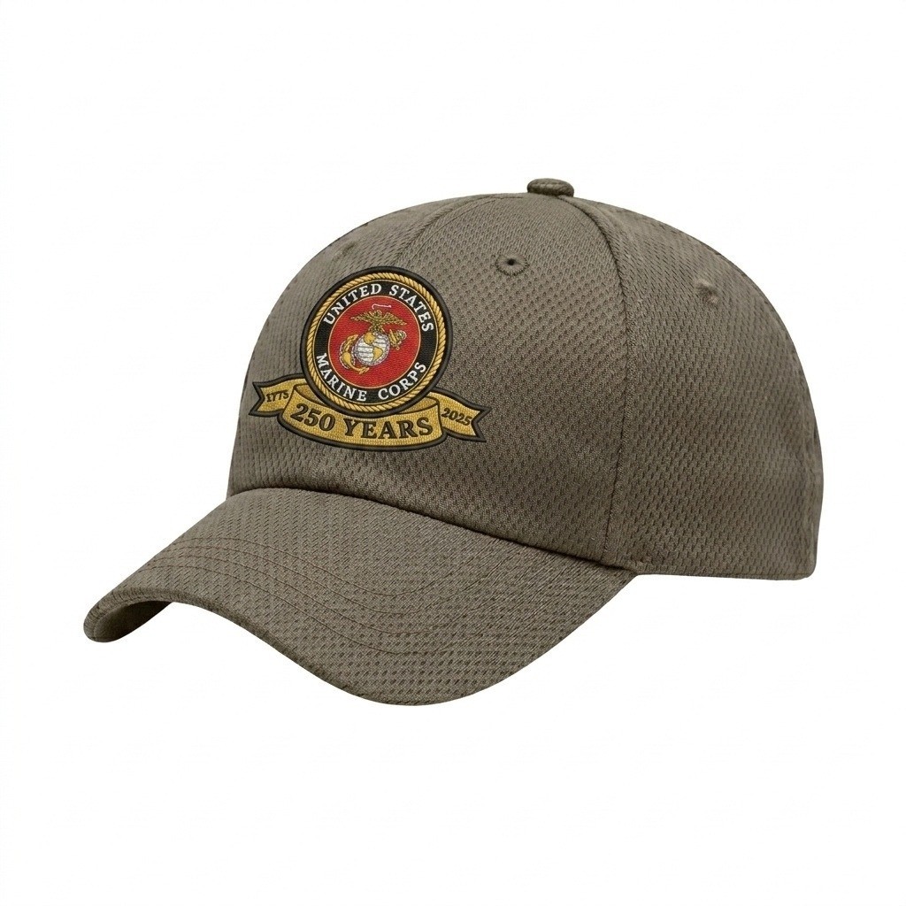 USA-made 6U Khaki Diamond Pro baseball cap, decorated view, manufactured in Newark NJ