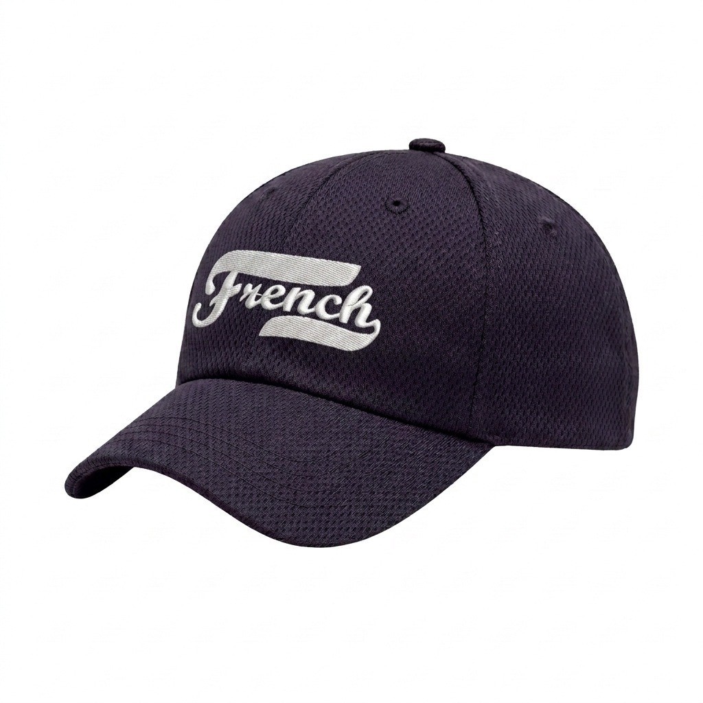 USA-made 6U Navy Diamond Pro baseball cap, decorated view, manufactured in Newark NJ