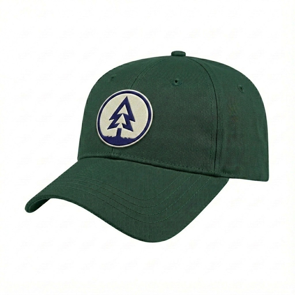 USA-made 6L Hunter Green Domestic Twill baseball cap, decorated view, manufactured in Newark NJ