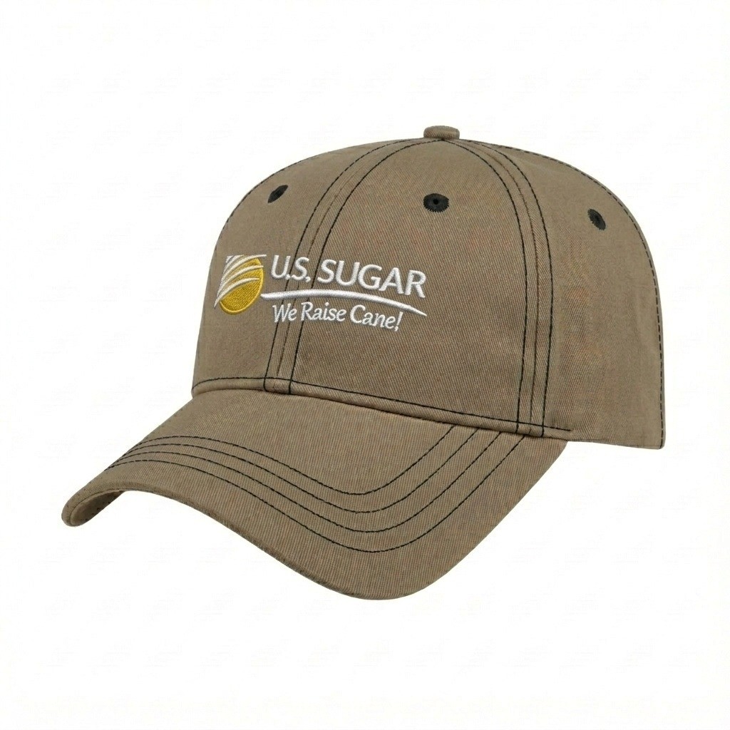 USA-made 6L Khaki-Black Domestic Twill baseball cap, decorated view, manufactured in Newark NJ