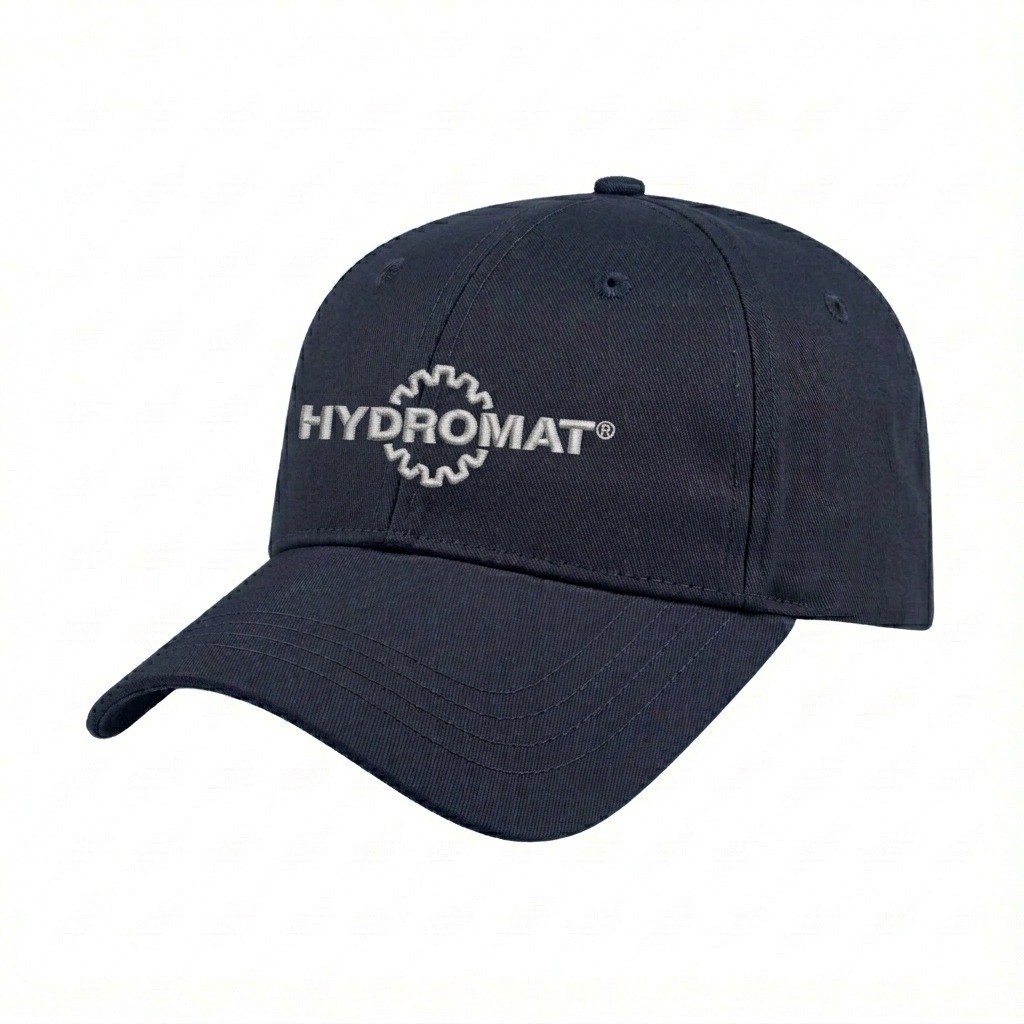 USA-made 6L Navy Domestic Twill baseball cap, decorated view, manufactured in Newark NJ