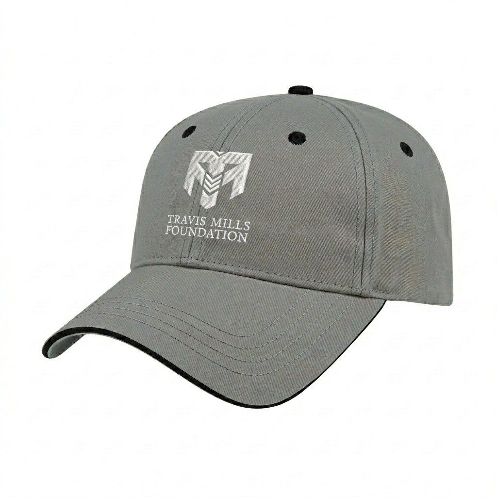 USA-made 6L Light Gray-Black Domestic Twill baseball cap, decorated view, manufactured in Newark NJ