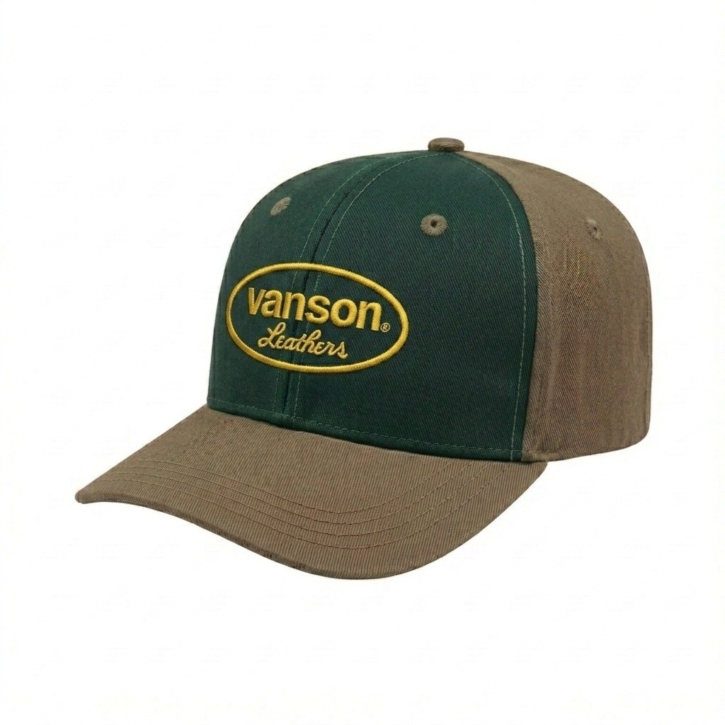 USA-made 6S Hunter Green-Khaki Domestic Twill baseball cap, decorated view, manufactured in Newark NJ