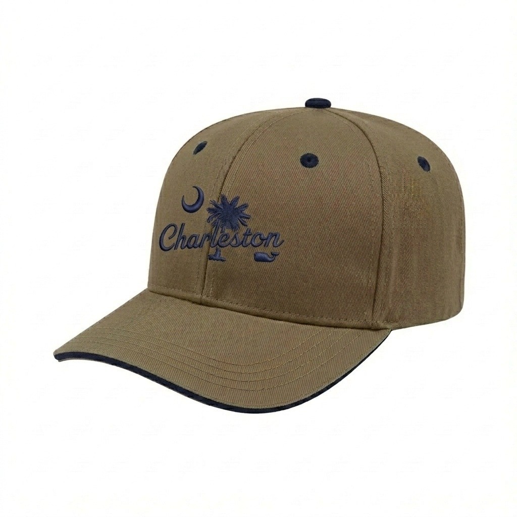 USA-made 6S Khaki-Navy Domestic Twill baseball cap, decorated view, manufactured in Newark NJ