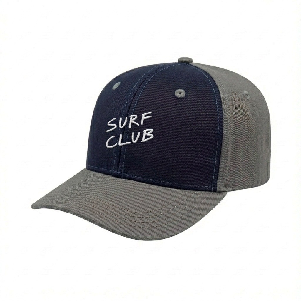 USA-made 6S Navy-Light Gray Domestic Twill baseball cap, decorated view, manufactured in Newark NJ