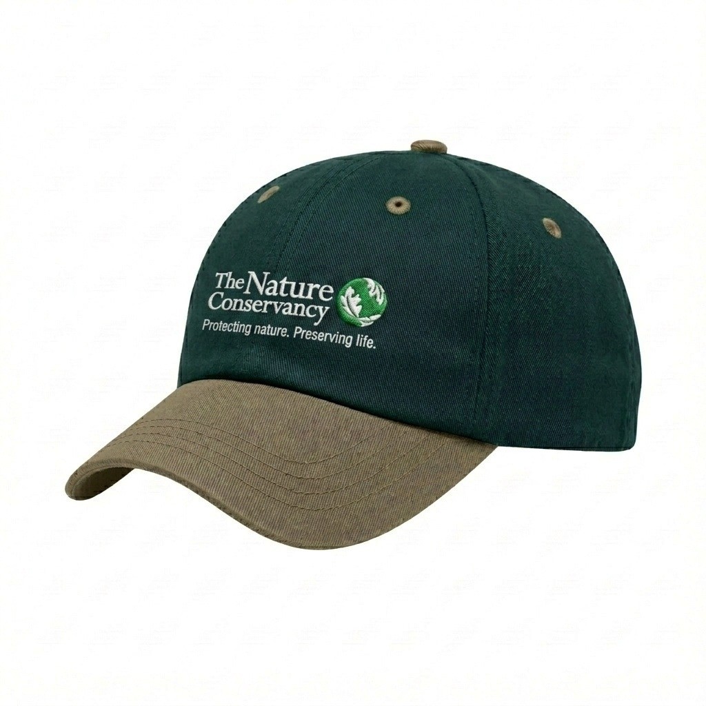 USA-made 6U Hunter Green-Khaki Domestic Twill baseball cap, decorated view, manufactured in Newark NJ