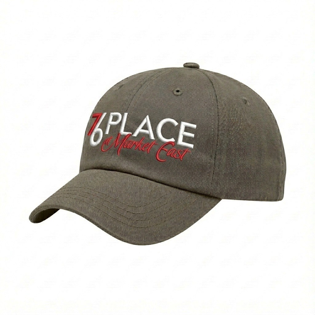 USA-made 6U Khaki Domestic Twill baseball cap, decorated view, manufactured in Newark NJ