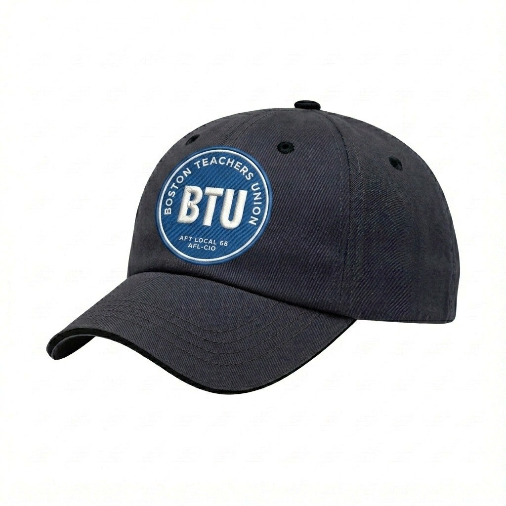 USA-made 6U Dark Gray-Black Domestic Twill baseball cap, decorated view, manufactured in Newark NJ