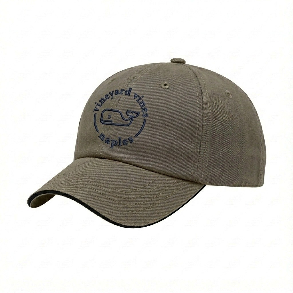 USA-made 6U Khaki-Black Domestic Twill baseball cap, decorated view, manufactured in Newark NJ