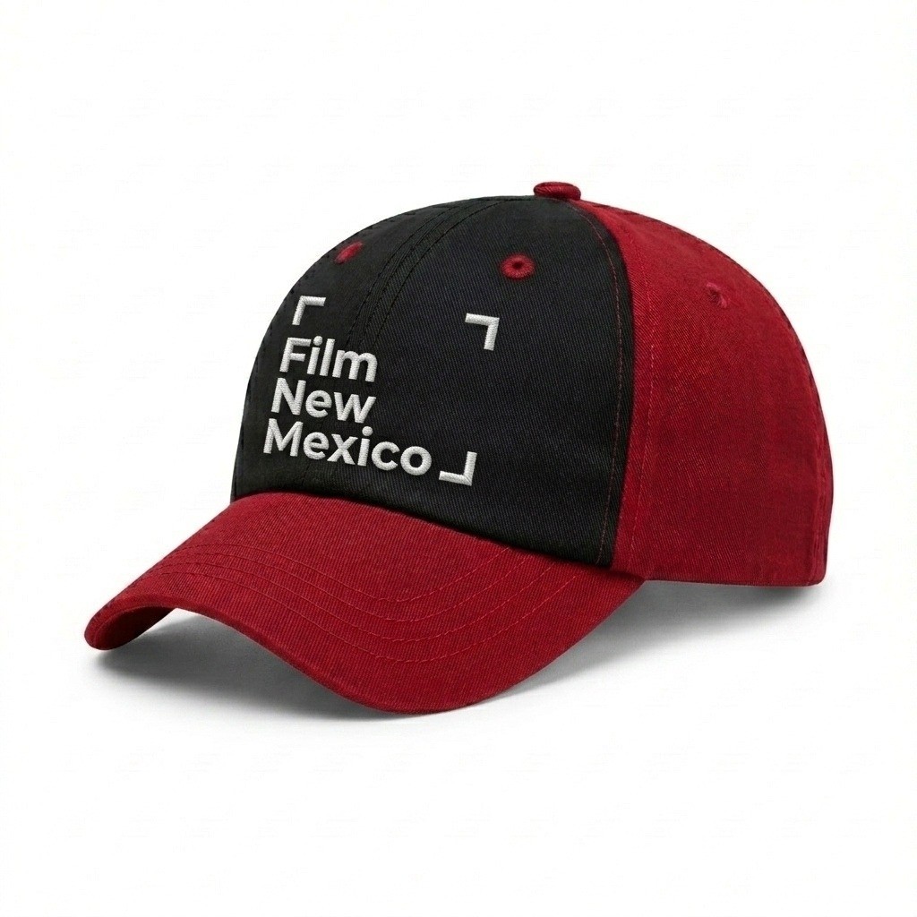USA-made 6U Black-Red Domestic Twill baseball cap, decorated view, manufactured in Newark NJ