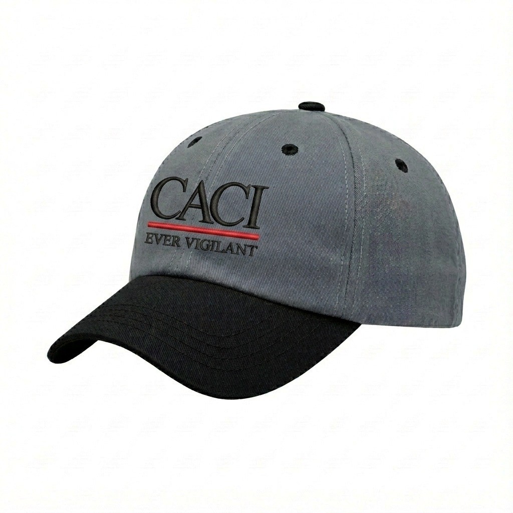 USA-made 6U Light Gray-Black Domestic Twill baseball cap, decorated view, manufactured in Newark NJ
