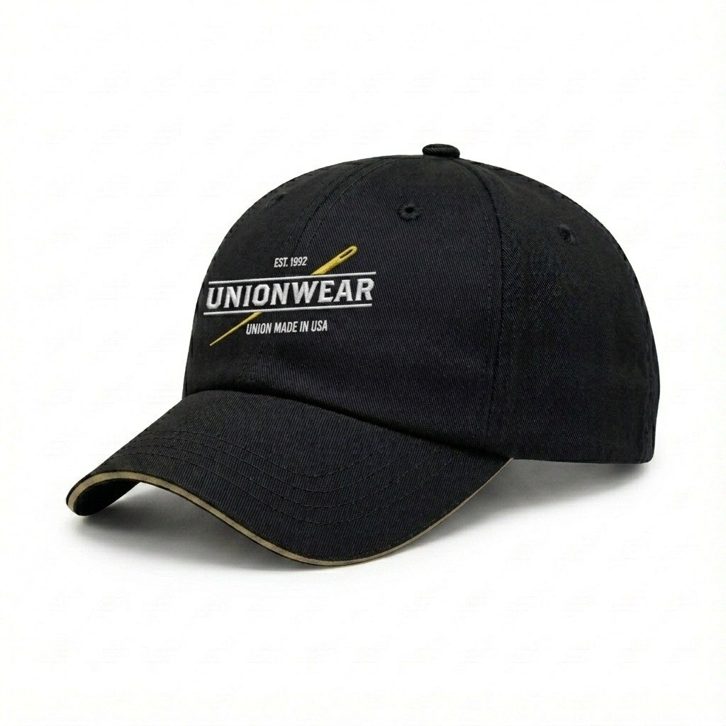 USA-made 6U Black-Khaki Domestic Twill baseball cap, decorated view, manufactured in Newark NJ