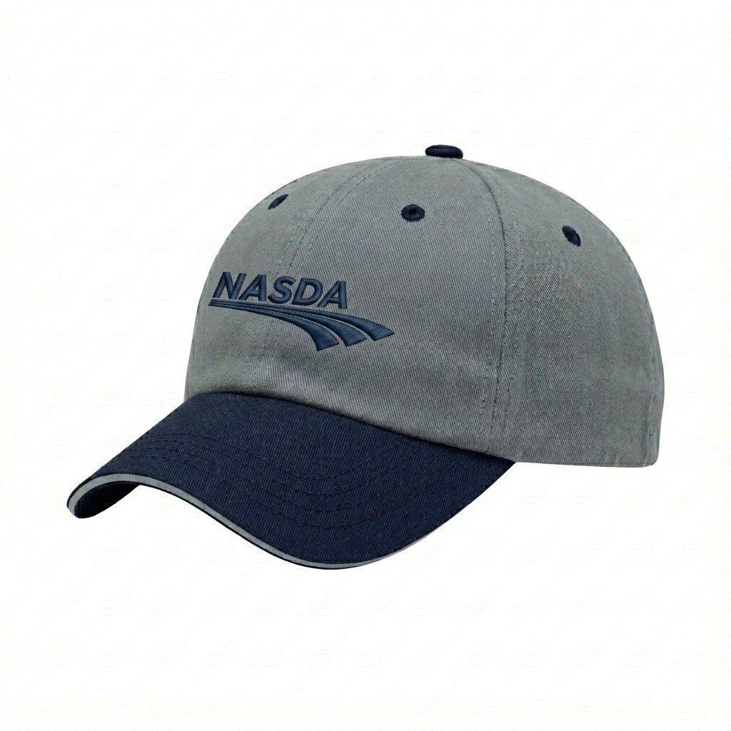 USA-made 6U Light Gray-Navy Domestic Twill baseball cap, decorated view, manufactured in Newark NJ