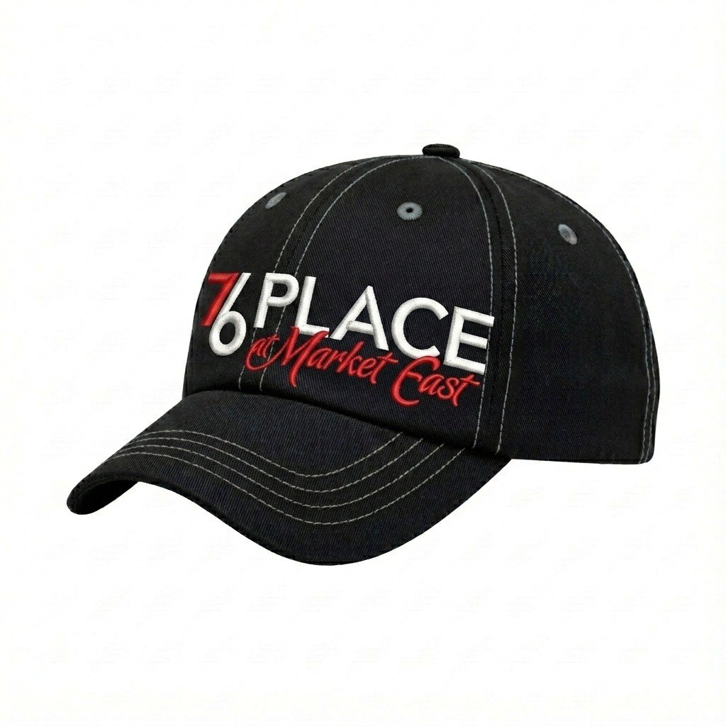 USA-made 6U Black-Light Gray Domestic Twill baseball cap, decorated view, manufactured in Newark NJ