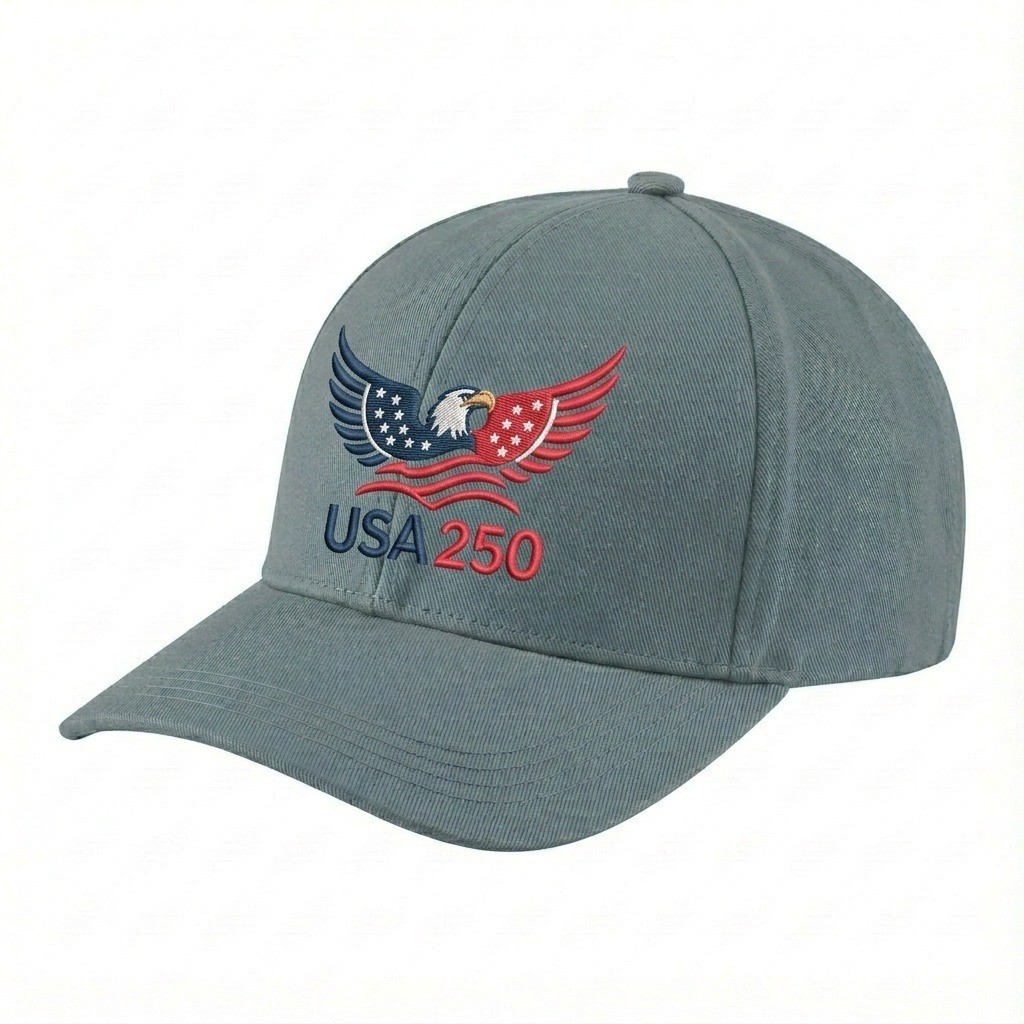USA-made 6H Light Gray Organic Twill baseball cap, decorated view, manufactured in Newark NJ