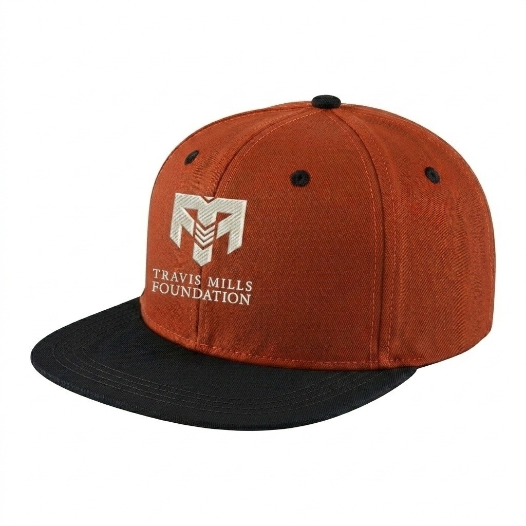 USA-made 6H Orange-Black Organic Twill baseball cap, decorated view, manufactured in Newark NJ