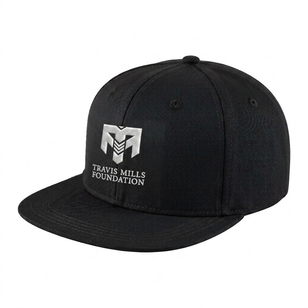 USA-made 6H Black Organic Twill baseball cap, decorated view, manufactured in Newark NJ