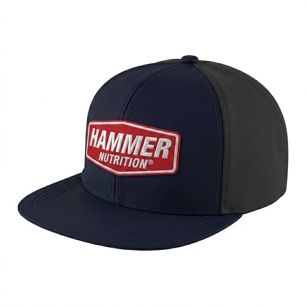 USA-made 6H Navy-Dark Gray Organic Twill baseball cap, decorated view, manufactured in Newark NJ