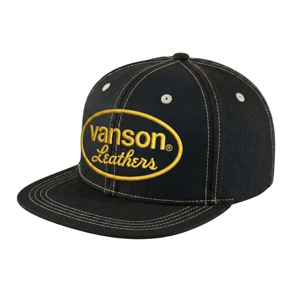 USA-made 6H Black-White Organic Twill baseball cap, decorated view, manufactured in Newark NJ