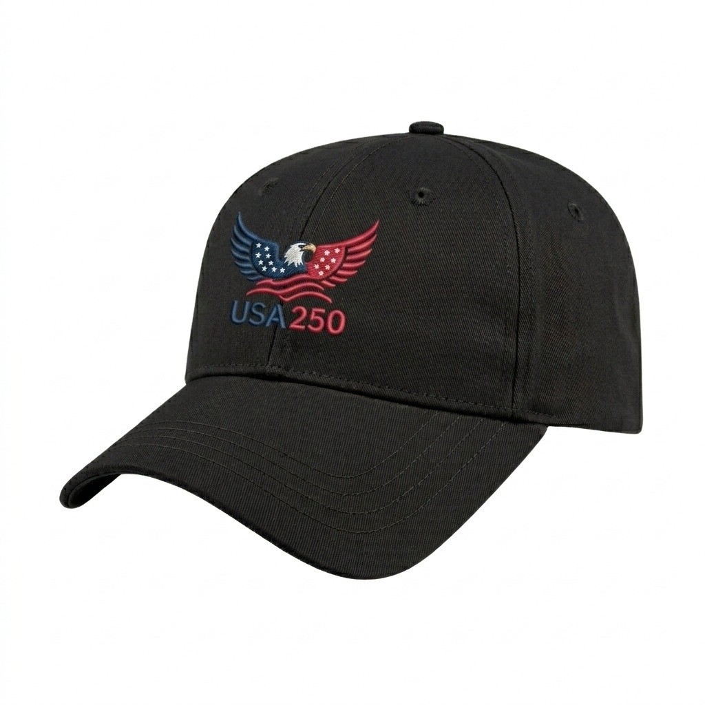 USA-made 6L Black Organic Twill baseball cap, decorated view, manufactured in Newark NJ