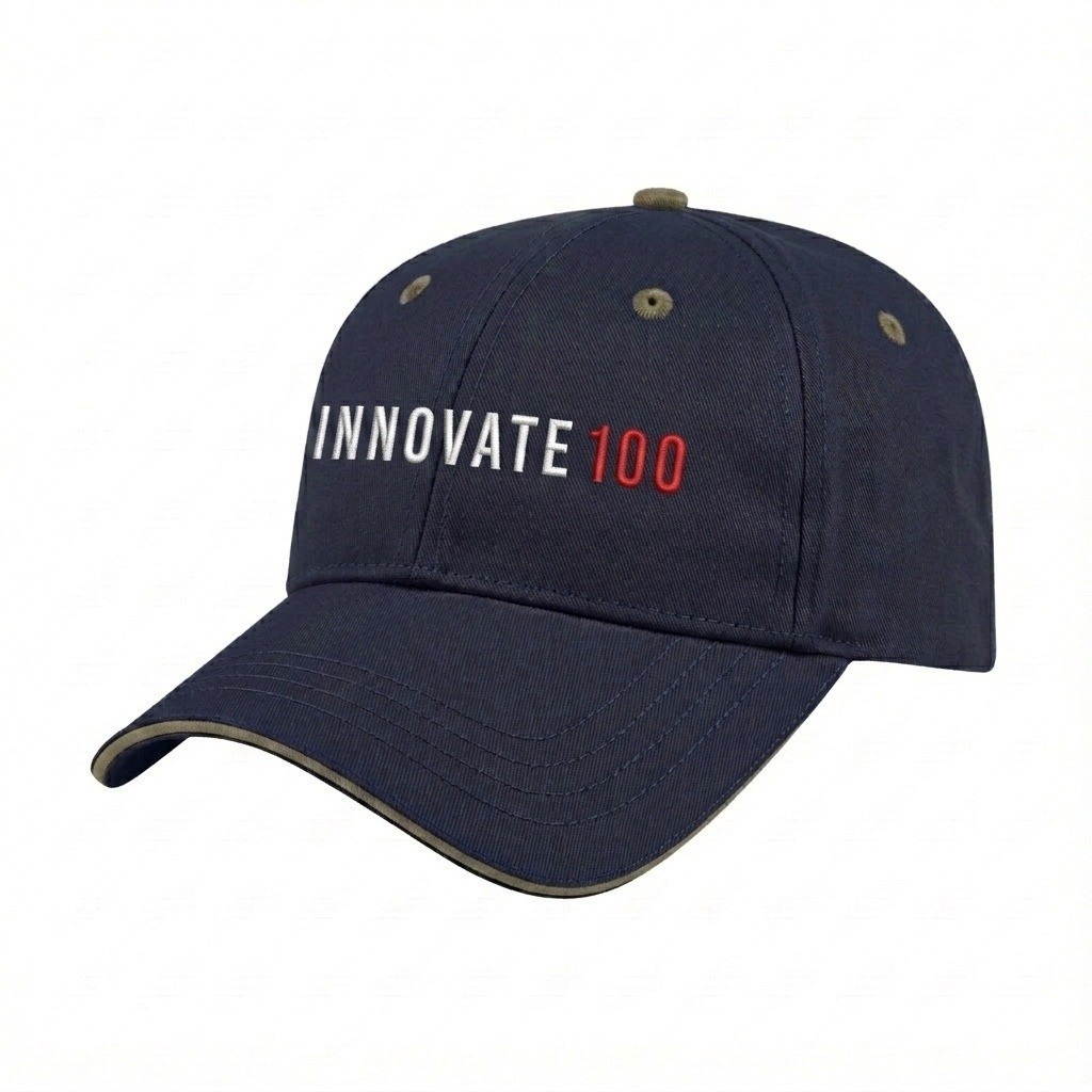 USA-made 6L Navy-Khaki Organic Twill baseball cap, decorated view, manufactured in Newark NJ