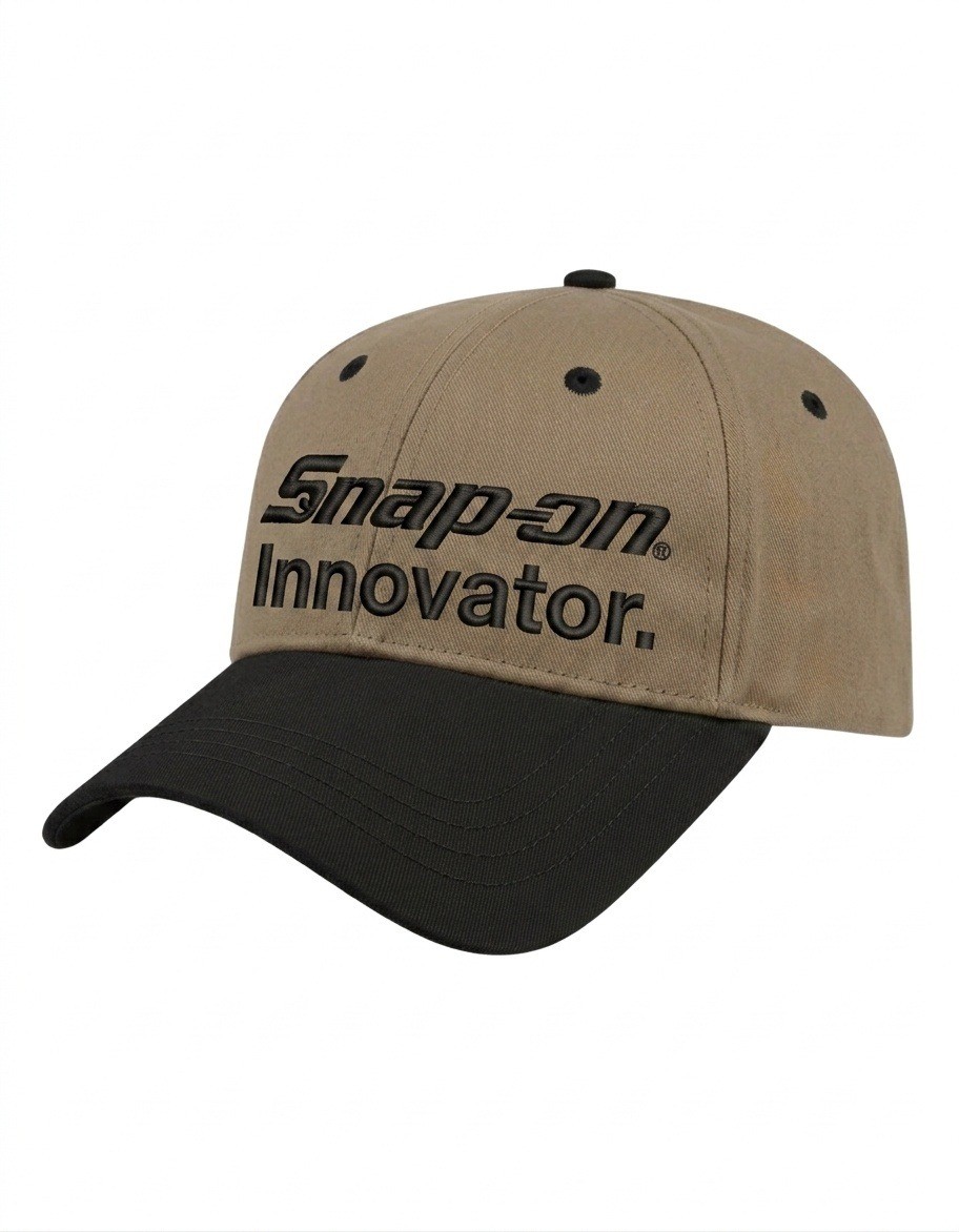 USA-made 6L Khaki-Black Organic Twill baseball cap, decorated view, manufactured in Newark NJ