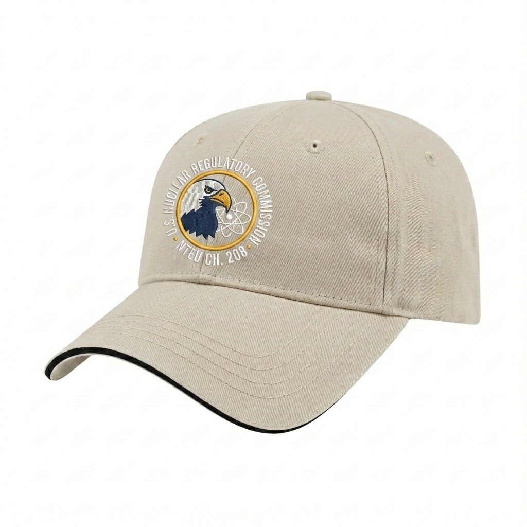 USA-made 6L Putty-Black Organic Twill baseball cap, decorated view, manufactured in Newark NJ