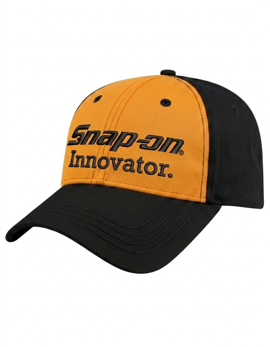 USA-made 6L Athletic Gold-Black Organic Twill baseball cap, decorated view, manufactured in Newark NJ