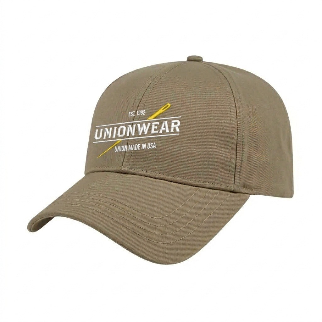 USA-made 6L Khaki Organic Twill baseball cap, decorated view, manufactured in Newark NJ