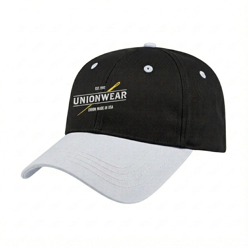 USA-made 6L Black-White Organic Twill baseball cap, decorated view, manufactured in Newark NJ