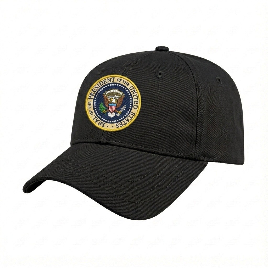 USA-made 6L Black Organic Twill baseball cap, decorated view, manufactured in Newark NJ