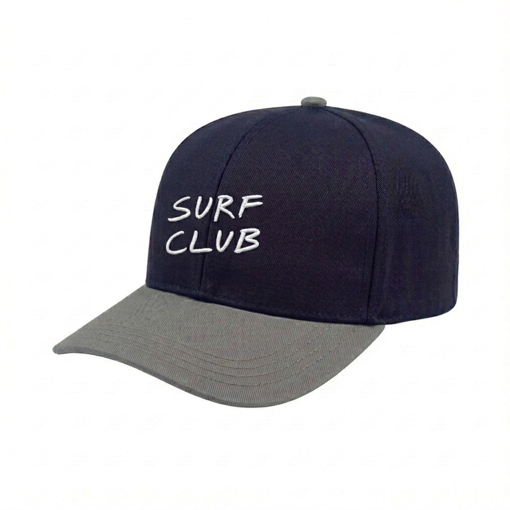 USA-made 6S Navy-Light Gray Organic Twill baseball cap, decorated view, manufactured in Newark NJ