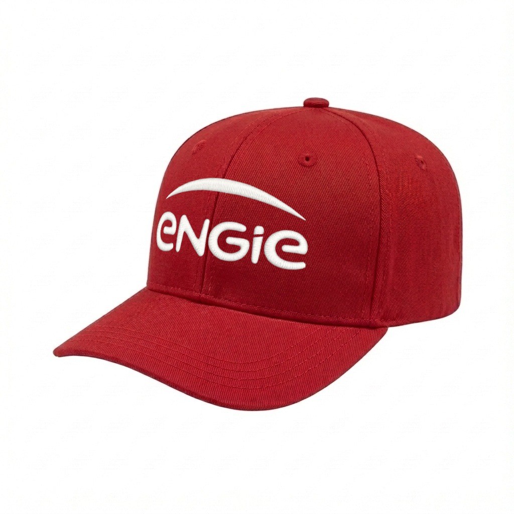 USA-made 6S Red Organic Twill baseball cap, decorated view, manufactured in Newark NJ