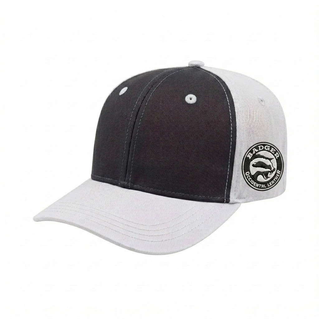 USA-made 6S Dark Gray-White Organic Twill baseball cap, decorated view, manufactured in Newark NJ