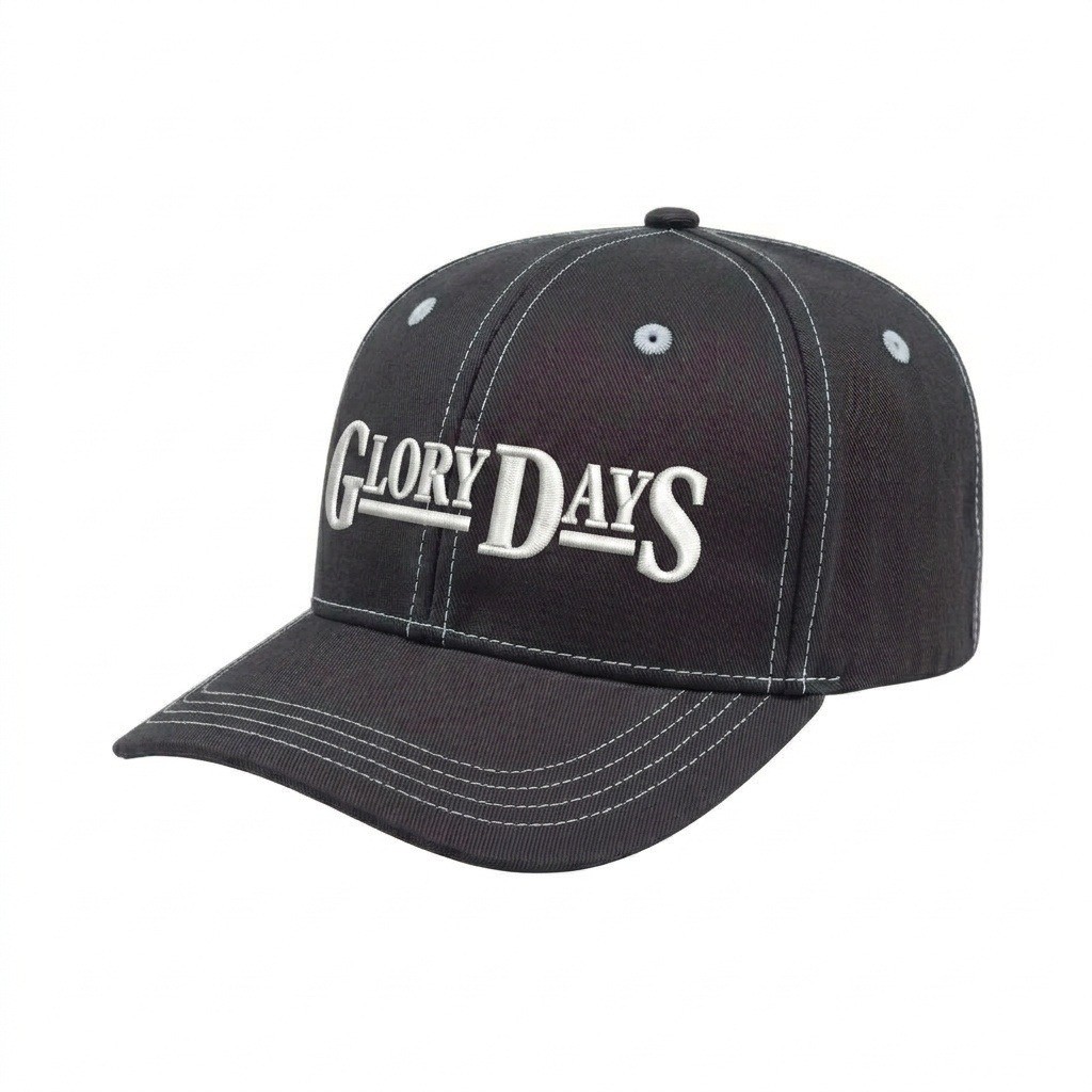 USA-made 6S Dark Gray-White Organic Twill baseball cap, decorated view, manufactured in Newark NJ