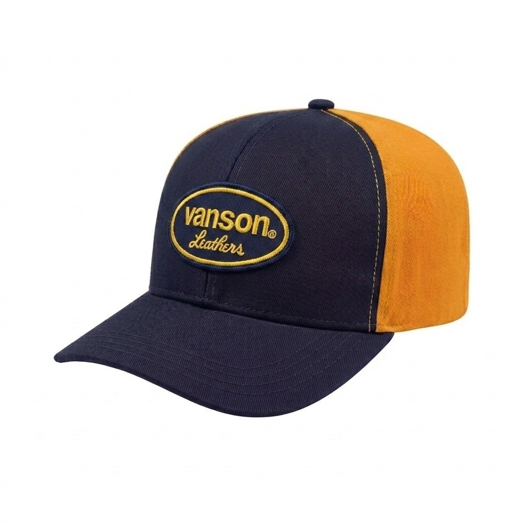 USA-made 6S Navy-Athletic Gold Organic Twill baseball cap, decorated view, manufactured in Newark NJ
