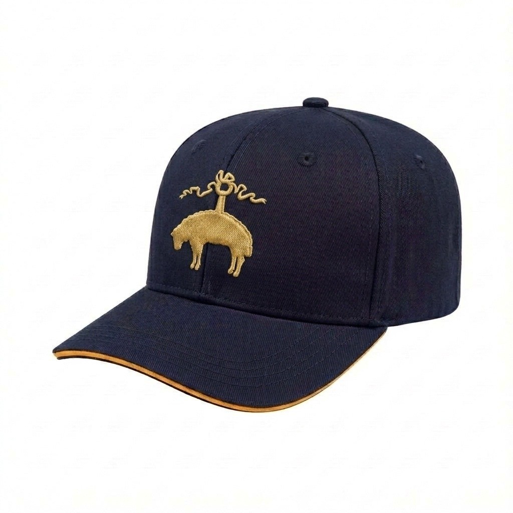 USA-made 6S Navy-Athletic Gold Organic Twill baseball cap, decorated view, manufactured in Newark NJ