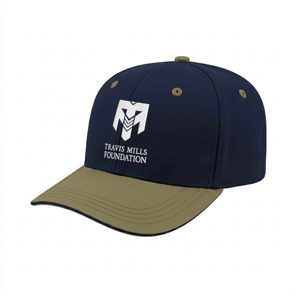 USA-made 6S Navy-Khaki Organic Twill baseball cap, decorated view, manufactured in Newark NJ