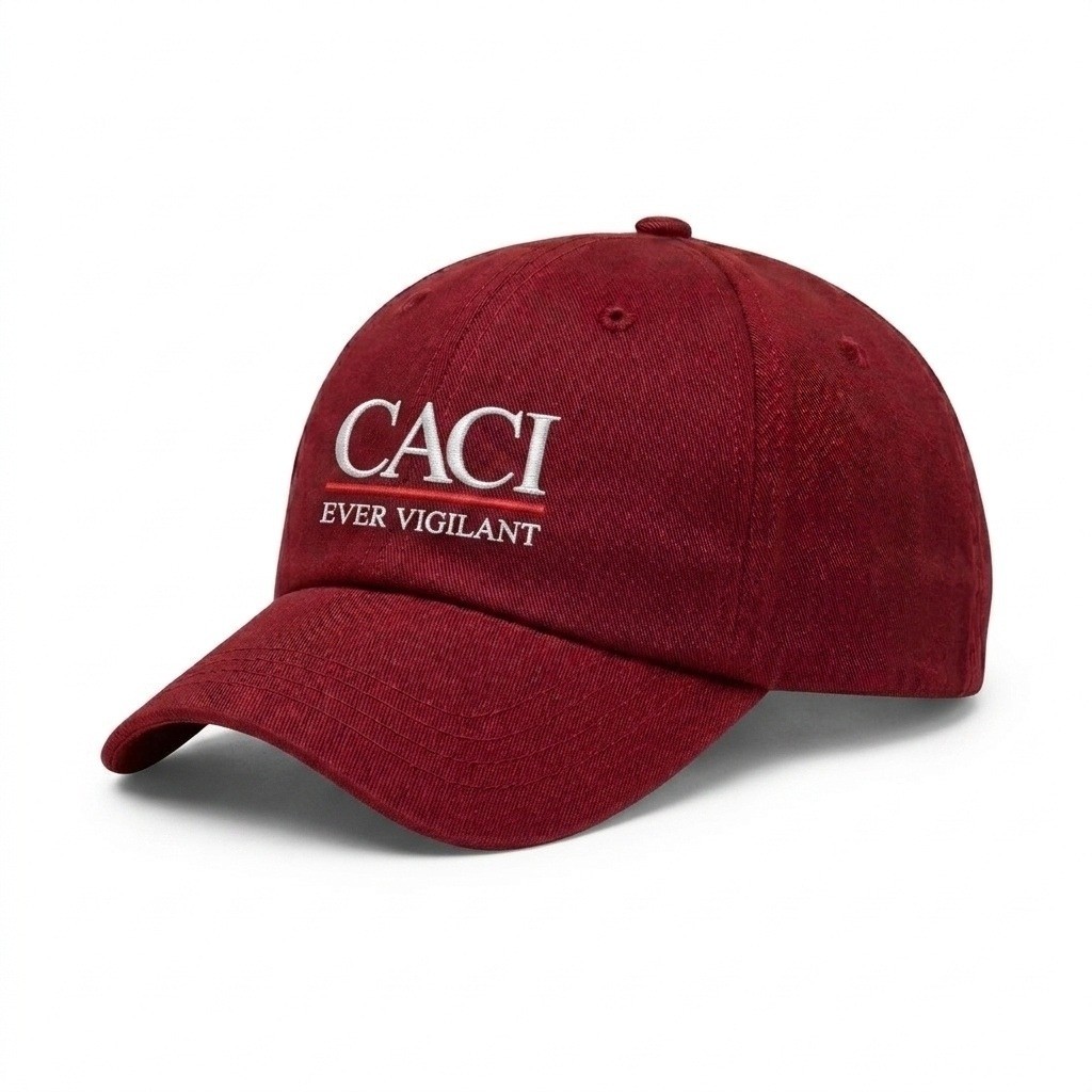 USA-made 6U Red Organic Twill baseball cap, decorated view, manufactured in Newark NJ