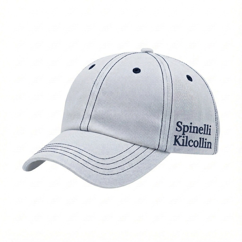 USA-made 6U White-Navy Organic Twill baseball cap, decorated view, manufactured in Newark NJ