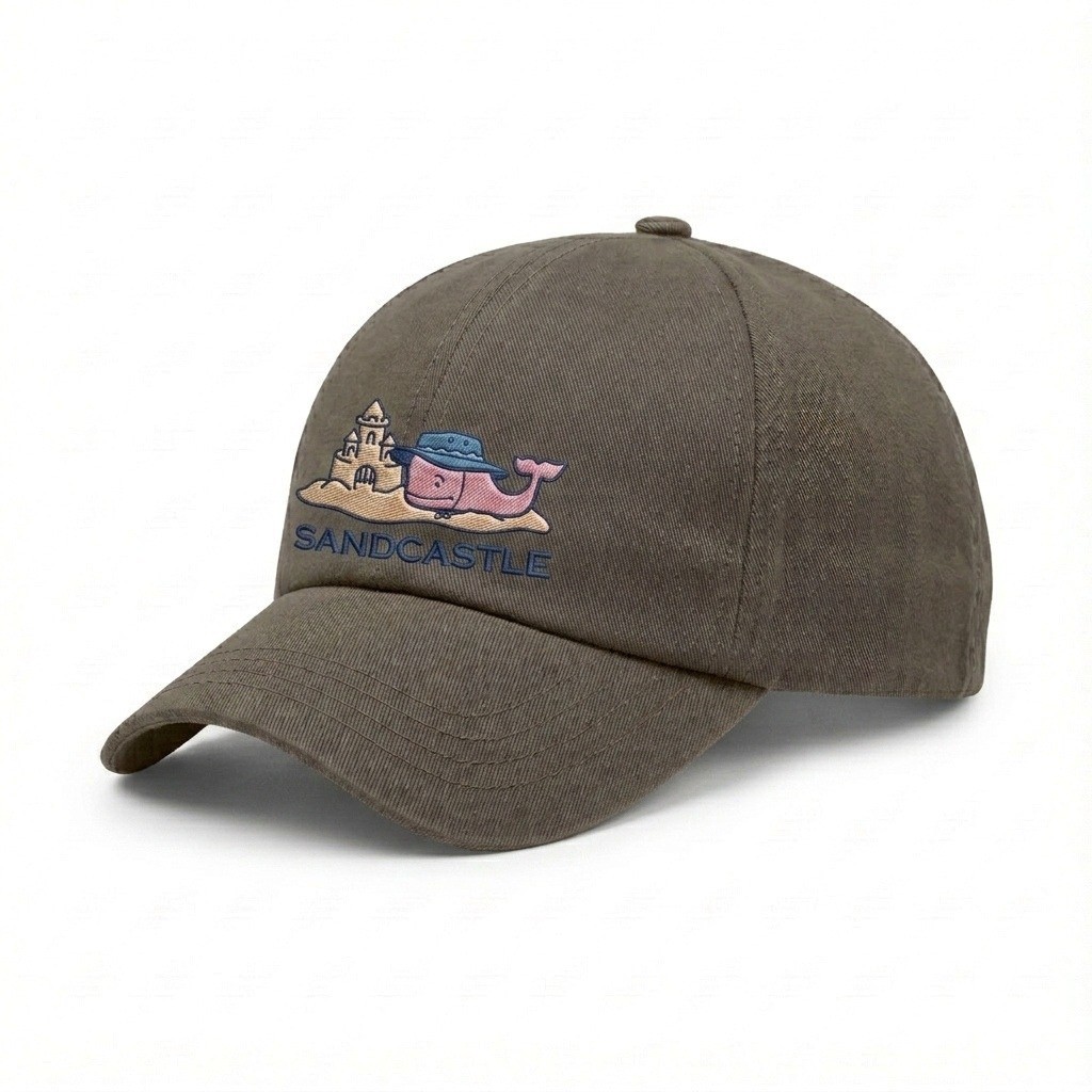 USA-made 6U Khaki Organic Twill baseball cap, decorated view, manufactured in Newark NJ