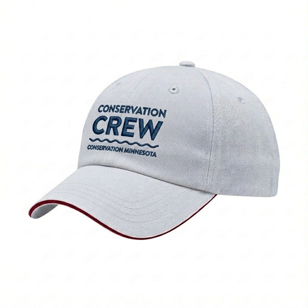 USA-made 6U White-Red Organic Twill baseball cap, decorated view, manufactured in Newark NJ
